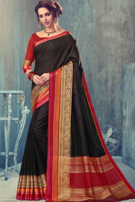 Lovely Banarasi raw silk Banarasi Saree in Black with Blouse