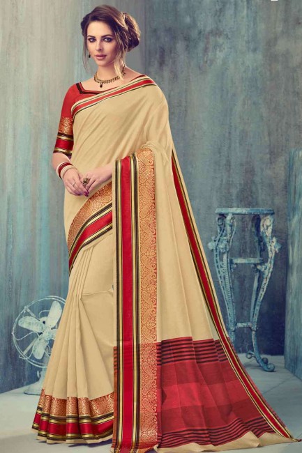 Snazzy Beige Banarasi Saree in raw silk
