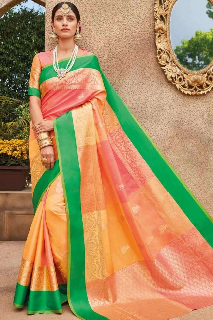 Modish Peach Saree in Banarasi raw silk