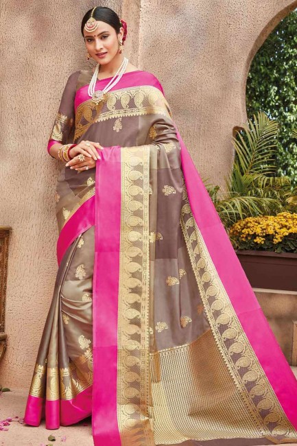 Saree in Brown Banarasi raw silk with