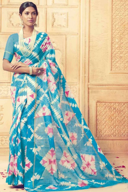 Kora silk Blue Saree in Printed