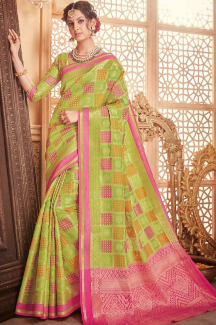 Patola silk Saree in Green with Blouse