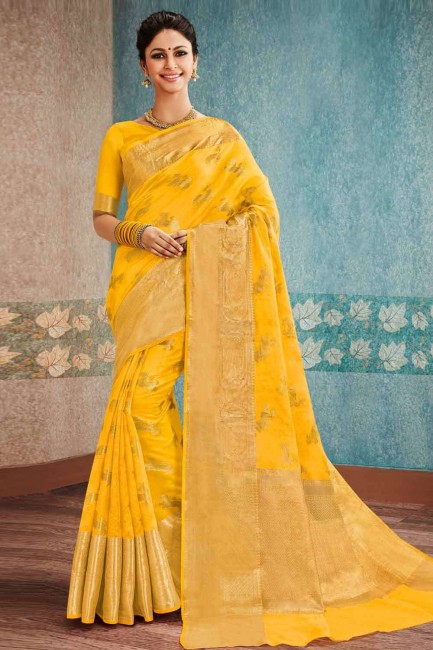 Saree in Yellow Banarasi raw silk with Blouse