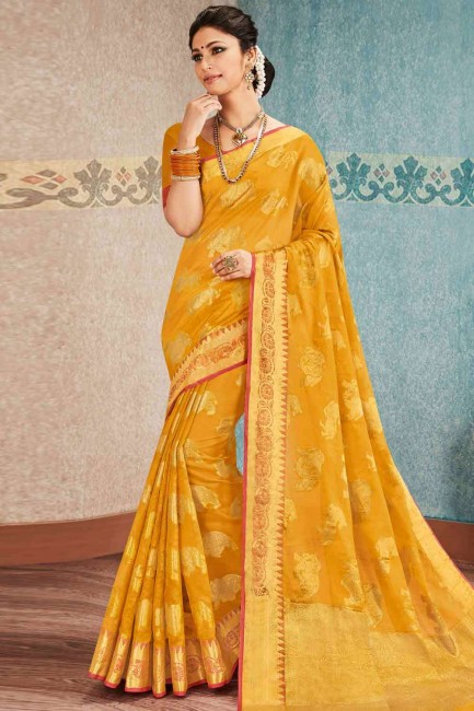 Saree in Mustard Banarasi raw silk