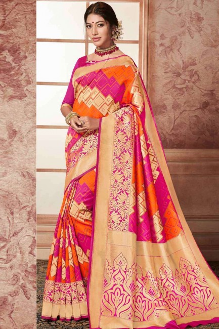 Banarasi raw silk Orange Color Saree