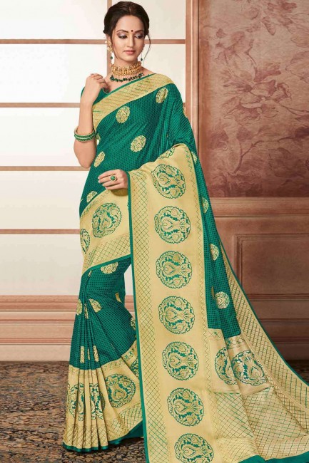 Banarasi raw silk Green Color Saree with Blouse