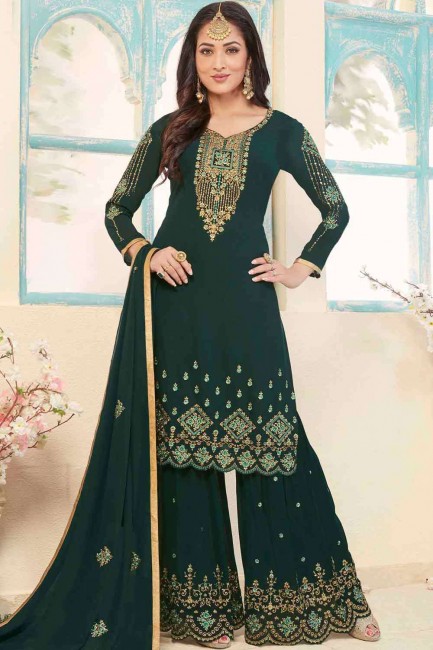 Georgette Sharara Suit with Embroidered in Green