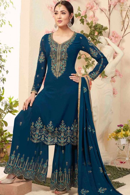 Embroidered Pakistani Suit in Navy blue Georgette