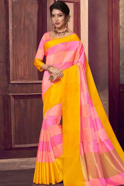 Pink Saree with  Banarasi raw silk