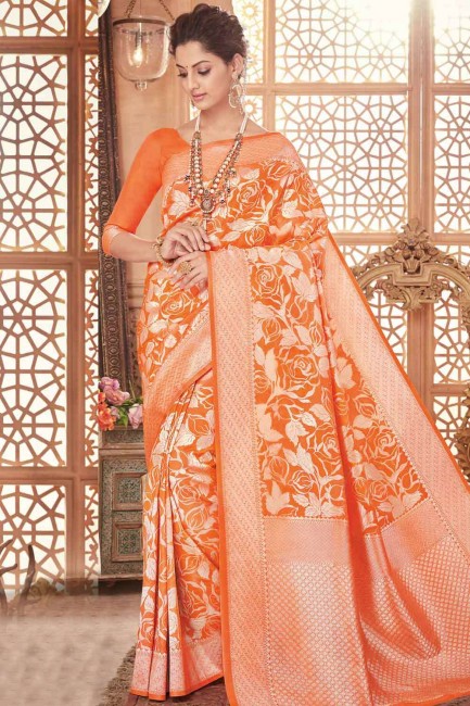 Orange Saree in Banarasi raw silk