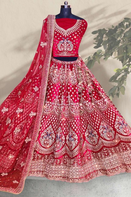 Velvet Embroidered Bridal Lehenga Choli in Red with Dupatta