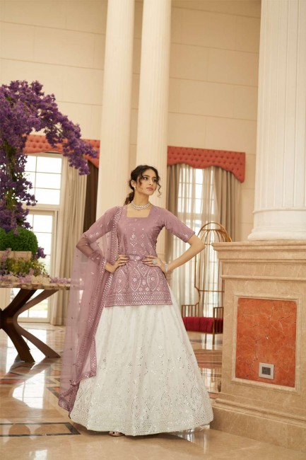 Chinon chiffon Lehenga Suit with Embroidered in Pearl white