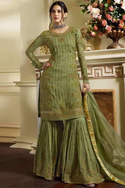 Satin Sharara Suit in Green with Embroidered