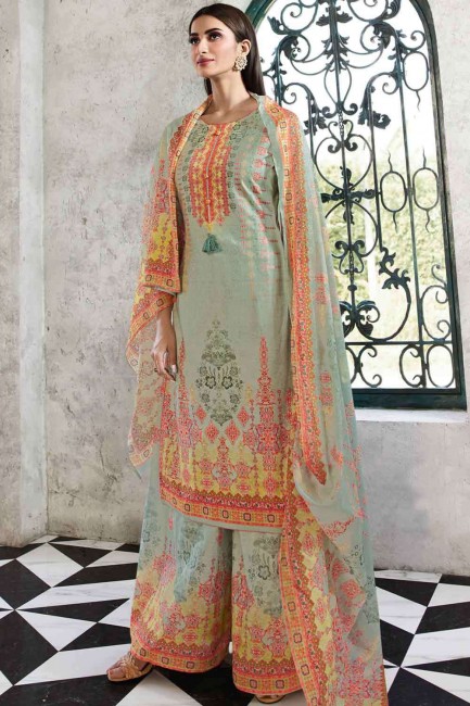 Green Sharara Suit in Cotton with Printed