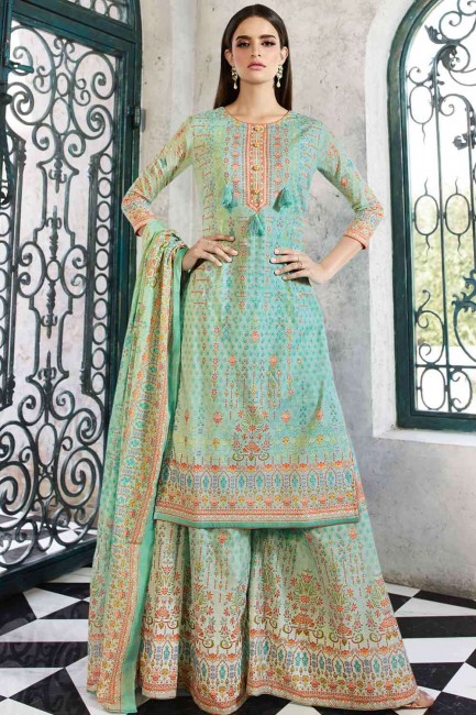 Printed Sharara Suit in Turquoise  Cotton
