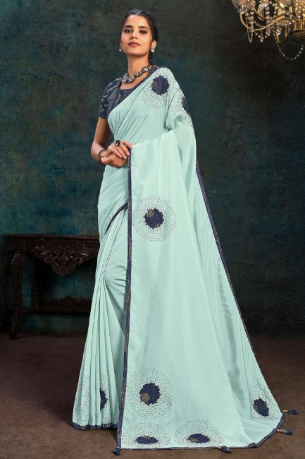 Stone Georgette and silk Saree in Light blue with Blouse