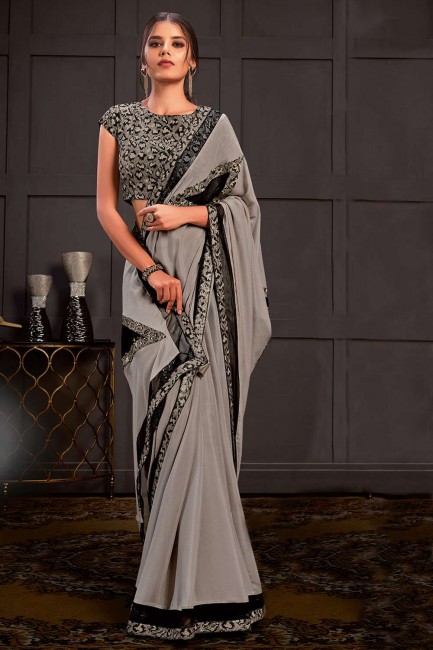 Georgette and silk Light grey Saree in Sequins