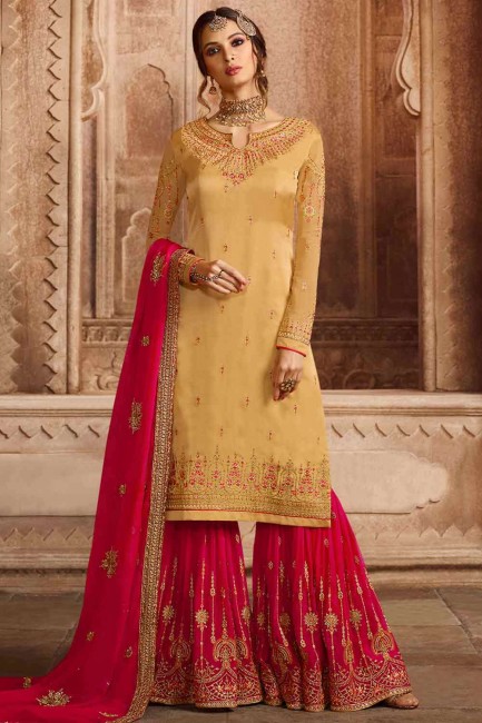 Embroidered Satin Sharara Suit in Yellow