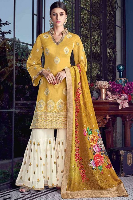 Chanderi silk Sharara Suit in Yellow with Embroidered