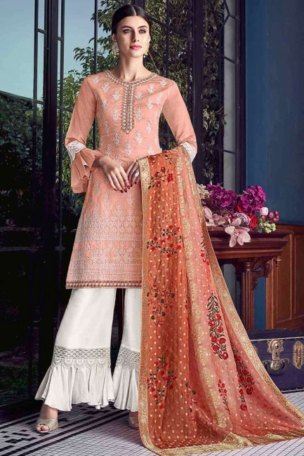 Peach Chanderi silk Embroidered Palazzo Suit with Dupatta