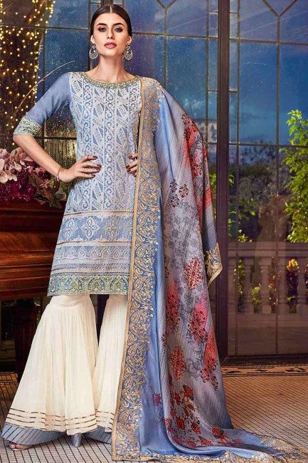 Embroidered Sharara Suit in Sky blue Chanderi silk
