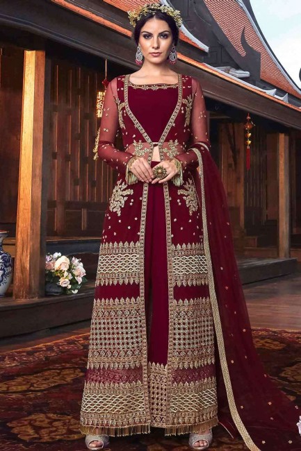 Maroon Embroidered Sharara Suit in Net