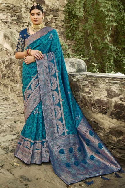 Jacquard Saree in Turquoise blue with Weaving
