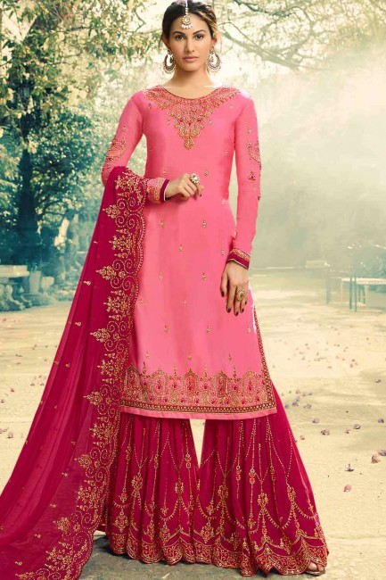 Embroidered Satin Sharara Suit in Pink