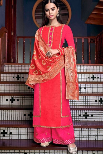 Embroidered Satin Magenta Palazzo Suit with Dupatta