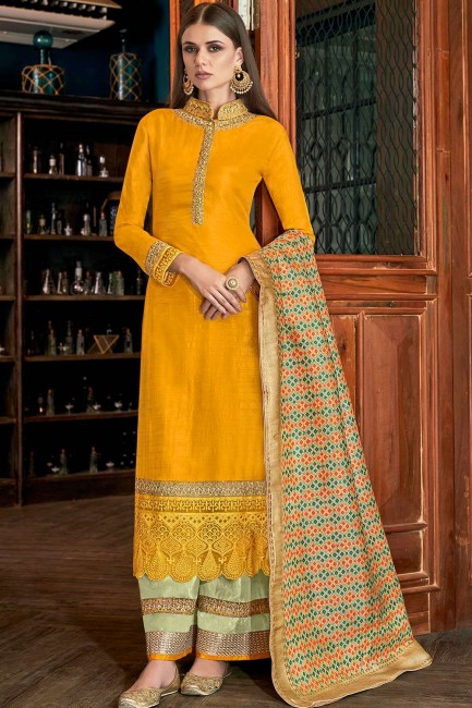 Satin Palazzo Suit in Yellow with Embroidered