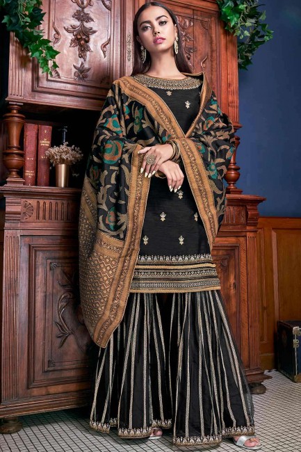 Black Embroidered Sharara Suit in Raw silk