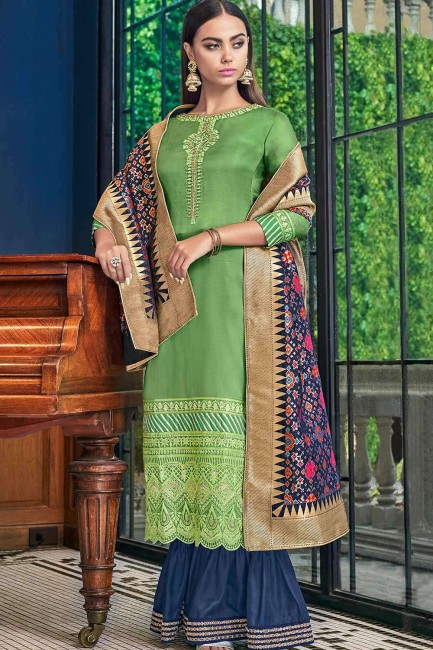 Beautiful Satin Sharara Suit with Embroidered in Green