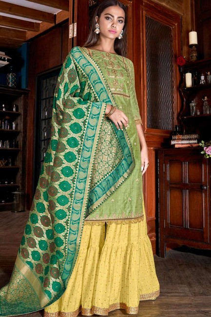 Art silk Pakistani Suit in Green with Embroidered