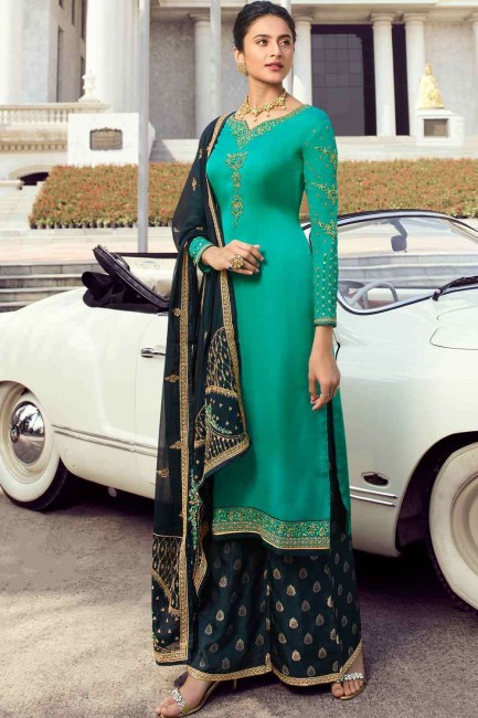 Green Satin Embroidered Sharara Suit with Dupatta