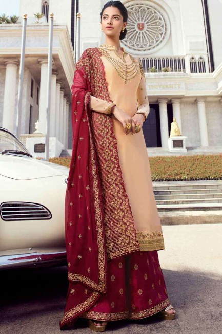 Latest Embroidered Satin Beige Sharara Suit