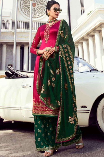 Magenta Embroidered Satin Sharara Suit