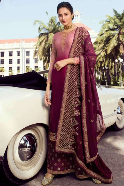 Embroidered Satin Wine Sharara Suit with Dupatta