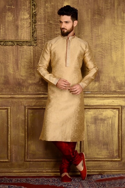 Divine Gold Jaqurs Silk Brocade Ethnic Wear Kurta Readymade Kurta Payjama