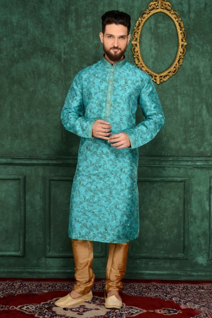 Blue Printed Silk Brocade Ethnic Wear Kurta Readymade Kurta Payjama