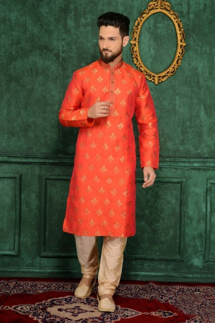 Orange Jaqurd Silk Brocade Ethnic Wear Kurta Readymade Kurta Payjama