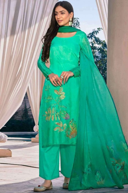 Latest Green Satin Palazzo Suit with Printed
