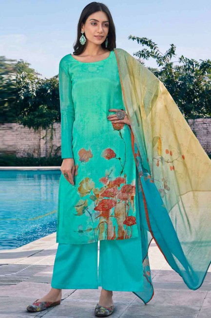 Printed Satin Palazzo Suit in Turquoise  with Dupatta