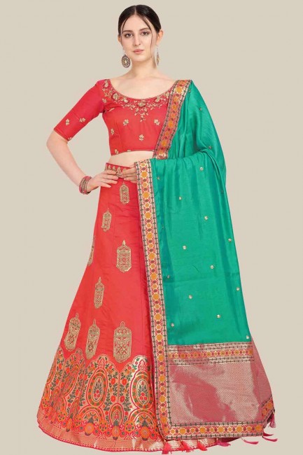 Art silk Lehenga Choli in Red with Embroidered