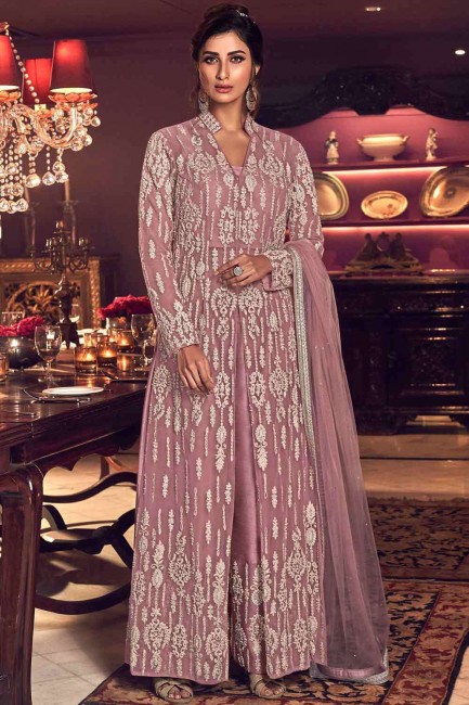 Net Palazzo Suit with Embroidered in Pink