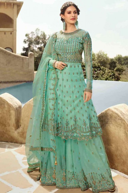Teal  Sharara Suit in Embroidered Net