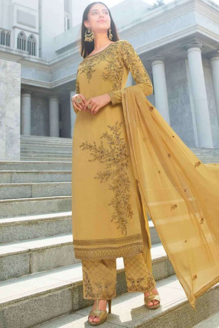 Georgette Embroidered Golden Palazzo Suit with Dupatta