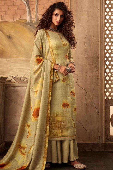 Pashmina Palazzo Suit in Yellow with Printed