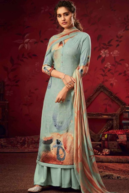 Sassy Turquoise Pashmina Palazzo Suit with Printed