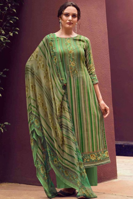 Printed Pashmina Palazzo Suit in Green Color