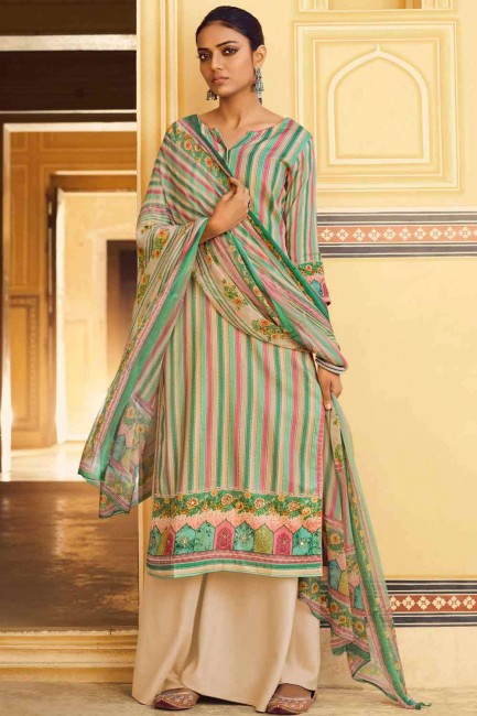 Green Color Palazzo Suit in Printed Pashmina